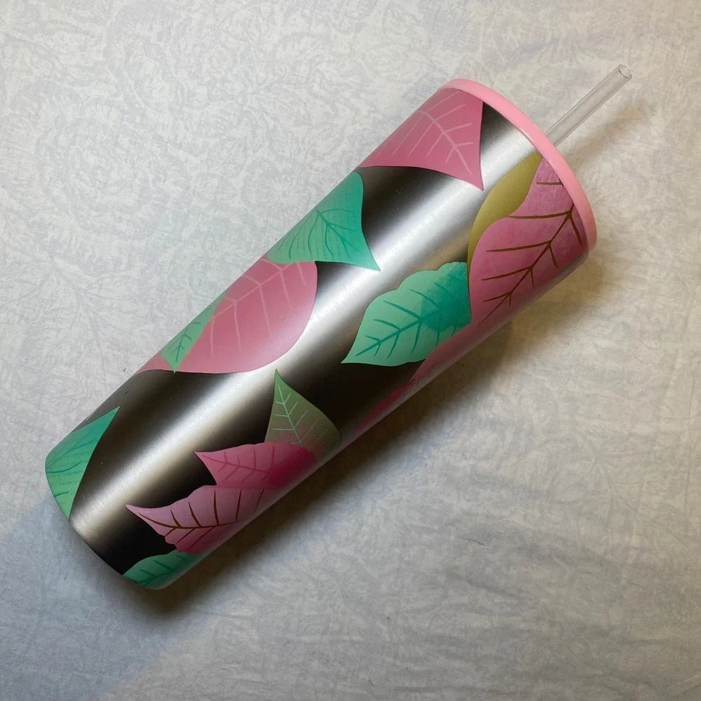 Starbucks 2020 Pink‎ Floral Stainless Steel Cold Cup Tumbler 24 oz Straw